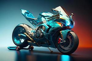 Futuristic custom angled light motorcycle concept with glowing blue tones. Neural network generated art photo