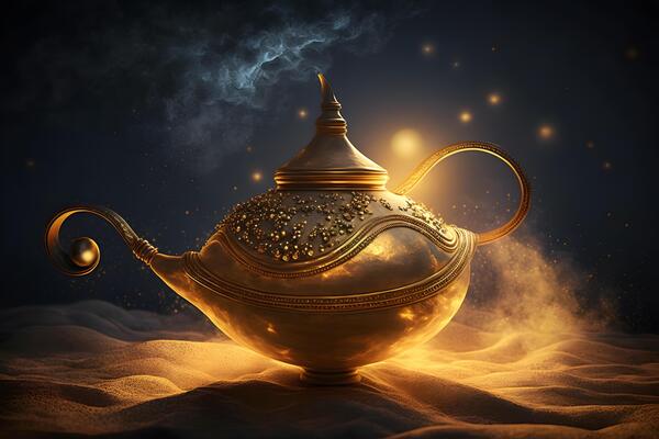 Smoke exists from magic aladdin genie lamp in a desert Stock Photo  Alamy