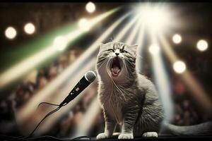 Cat artist sings into a microphone. Neural network photo