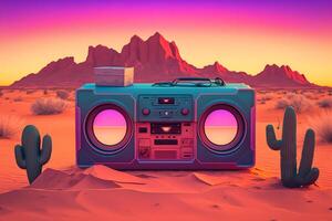 Vintage radio boombox in the desert, retrowave, synthwave. Neural network photo