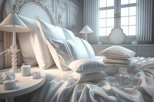 blanco almohadas en el cama en un lujoso hotel. neural red ai generado foto