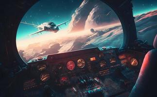 Airplane cockpit view during intergalaxy journey flight or spaceship battle. Neural network generated art photo