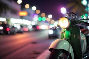 scooter ciclomotor a Oceano conducir Miami playa a noche con neón luces desde hoteles neural red ai generado foto