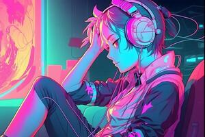 futuristic anime style girl listening to music with headphones. Neural network photo