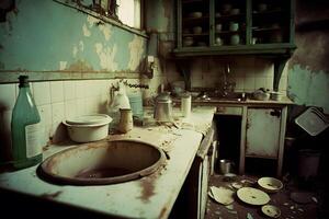 Compulsive Hoarding Syndrom - messy kitchen with pile of dirty dishes. Neural network photo