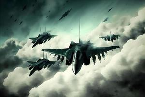 Formation of destroyer jets float in sky during aviation battle. Neural network generated art photo