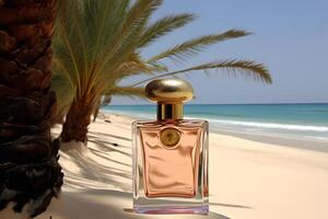 A bottle of perfume on the seashore is enveloped in a wave. Yellow sand on the beach, marine cosmetics and fragrance. Neural network photo