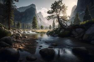 Valle paisaje con arboles y río en montañas. neural red ai generado foto