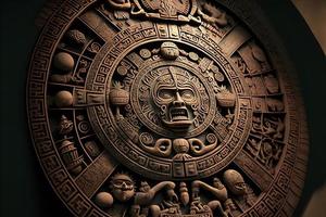 Close view of the ancient Aztec mayan calendar with round pattern and relief on stone surface. Neural network generated art photo