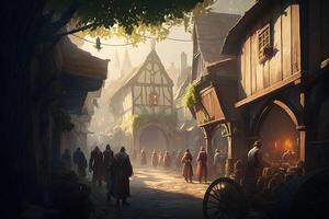 medieval ciudad calles vista. neural red ai generado foto
