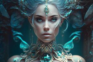 Portrait of a beautiful girl queen of diamonds fantasy dark goddess. Neural network photo