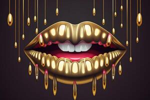 Gold Paint from the lips. Golden lips on beautiful model girls mouth. Make-up. Beauty makeup close up. Neural network photo