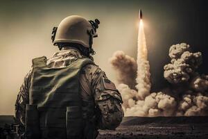 Soldier in front of a ballistic missile launch. Neural network photo