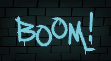 Neon blue letters on brick wall background. Slogan of BOOMwith splash effects and drops vector