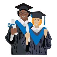 African American guy and European girl hold diplomas in their hands. Happy students with diplomas wearing academic gown and graduation cap vector