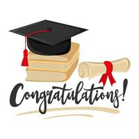 Congratulations. Handwritten text with graduation cap, books and scroll of diploma vector