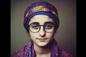 Close up portrait of young woman in turban. Neural network photo