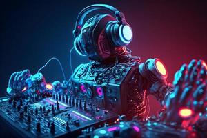 Robot disc jockey at the dj mixer and turntable plays nightclub during party. EDM entertainment party concept. Neural network generated art photo