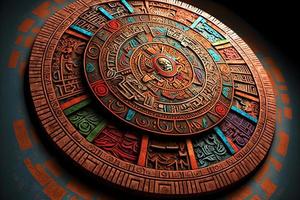 Close view of the ancient Aztec mayan calendar with round pattern and relief on stone surface. Neural network generated art photo