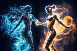 Fire and water in the form of fighting people. Yin Yang symbol. Neural network photo