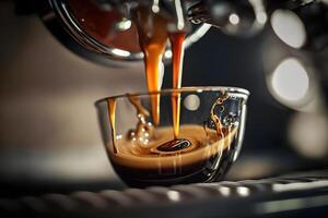 Coffee made in professional espresso machine pouring into a cup. Neural network photo