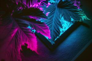 Colorful nature concept, Neon colorful of tropical leaves with neon frame, Leaf of plant, Creativity and design. Neural network photo