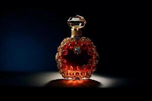 Beautiful stylish perfume bottle on a dark background. Neural network photo