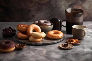 Still life with coffee and donuts. Neural network photo