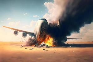 Burning airplane on fire accident in international airport. Neural network generated art photo