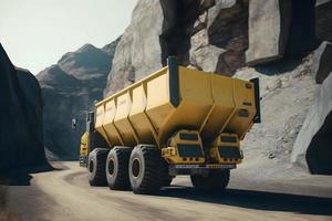 Open pit mine, extractive industry for coal. Big yellow mining truck machinery for coal quarry. Neural network generated art photo
