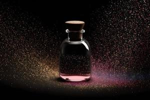 Glass bottle of perfume with colorful rainbow splash on black background. Neural network generated art photo