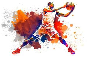 Basketball watercolor splash player in action with a ball isolated on white background. Neural network generated art photo