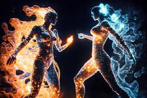 Fire and water in the form of fighting people. Yin Yang symbol. Neural network photo