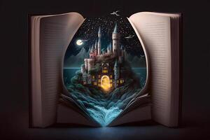 Fantasy castle in a fairy tale book. Neural network art photo