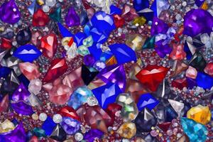 Many small ruby and diamond stones, luxury background. Neural network photo