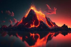 Night fantasy landscape with abstract mountains and island on the water, explosive volcano with burning lava. Neural network generated art photo