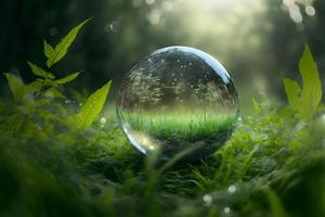 Crystal ball on green grass with reflection of green vegetation inside. Neural network generated art photo