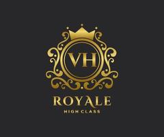 Golden Letter VH template logo Luxury gold letter with crown. Monogram alphabet . Beautiful royal initials letter. vector