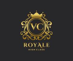 Golden Letter VC template logo Luxury gold letter with crown. Monogram alphabet . Beautiful royal initials letter. vector