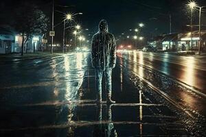 Scary zombie on the road of the night city. Neural network photo