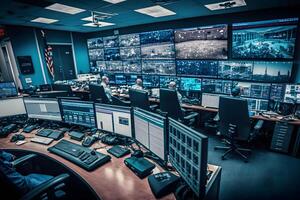 Security Control Room with Multipoke Computer Screens Showing Surveillance Camera Footage Feed. High-Tech Security. Neural network photo