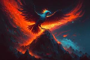Raise of burning bird phoenix in the volcanic landscape. Neural network generated art photo
