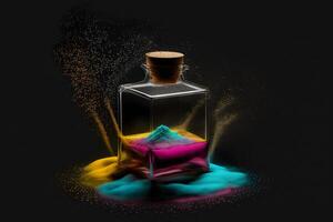 vaso envase con de colores arena en arco iris chapoteo antecedentes. neural red ai generado foto