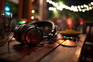 Modern big professional headphones on DJs table at night party. Neural network photo