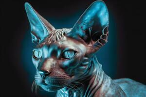 Beautiful Sphynx cat portrait in blue colors. Neural network generated art photo