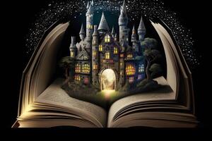 Fantasy castle in a fairy tale book. Neural network art photo