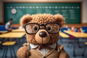 osito de peluche oso como un estudiante a escuela. espalda a escuela. neural red ai generado foto