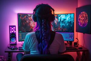 Girl in headphones plays a game on the big TV screen. Gamer with a joystick. Neural network photo