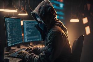 Dangerous Hooded Hacker Breaks into Government Data Servers and Infects Their System with a Virus. Neural network generated art photo