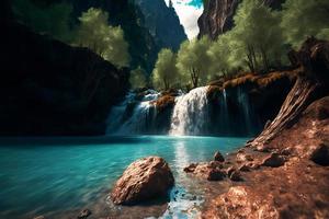 hermosa paisaje con grande cascada en soleado Hora de verano. neural red generado Arte foto